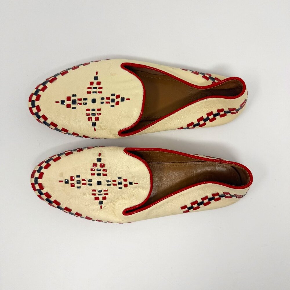 Tory Burch Cream Red Black Woven Leather Loafers Flats US 9 1/2